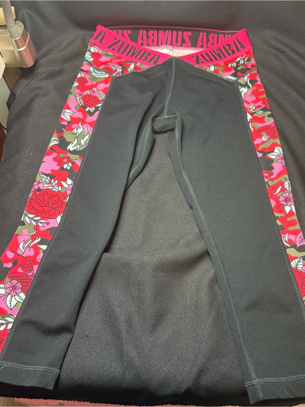 Zumba Fitness Black Leggings with Pink Floral Side Panels